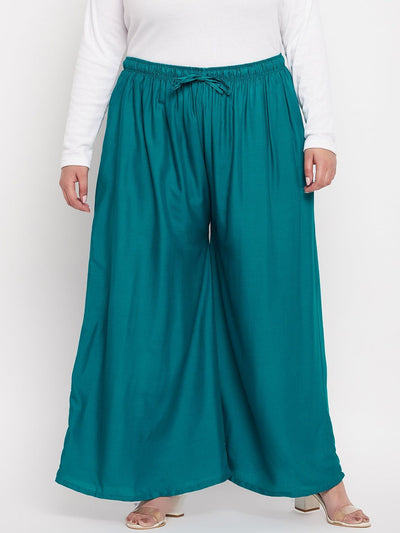 Rama Green Solid Rayon Jumbo Sharara with elasticated waistband and drawstring.