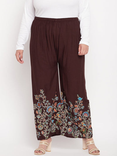 Coffee printed rayon palazzo with elasticated waistband and drawstring.