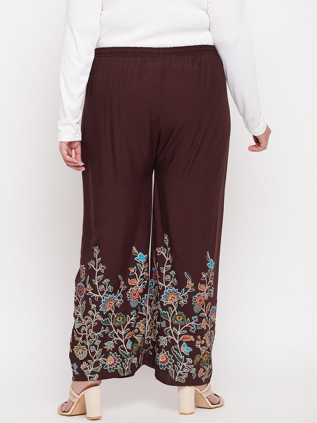 Coffee Printed Rayon Palazzo with floral design and elasticated waistband.