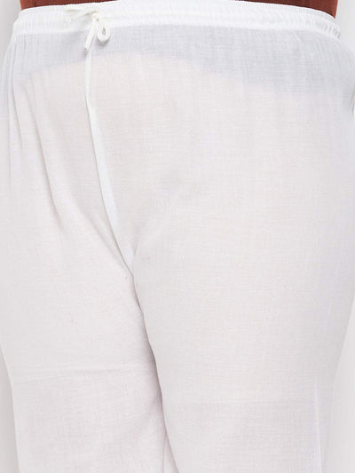 White embroidered cotton straight palazzo with elastic waistband.