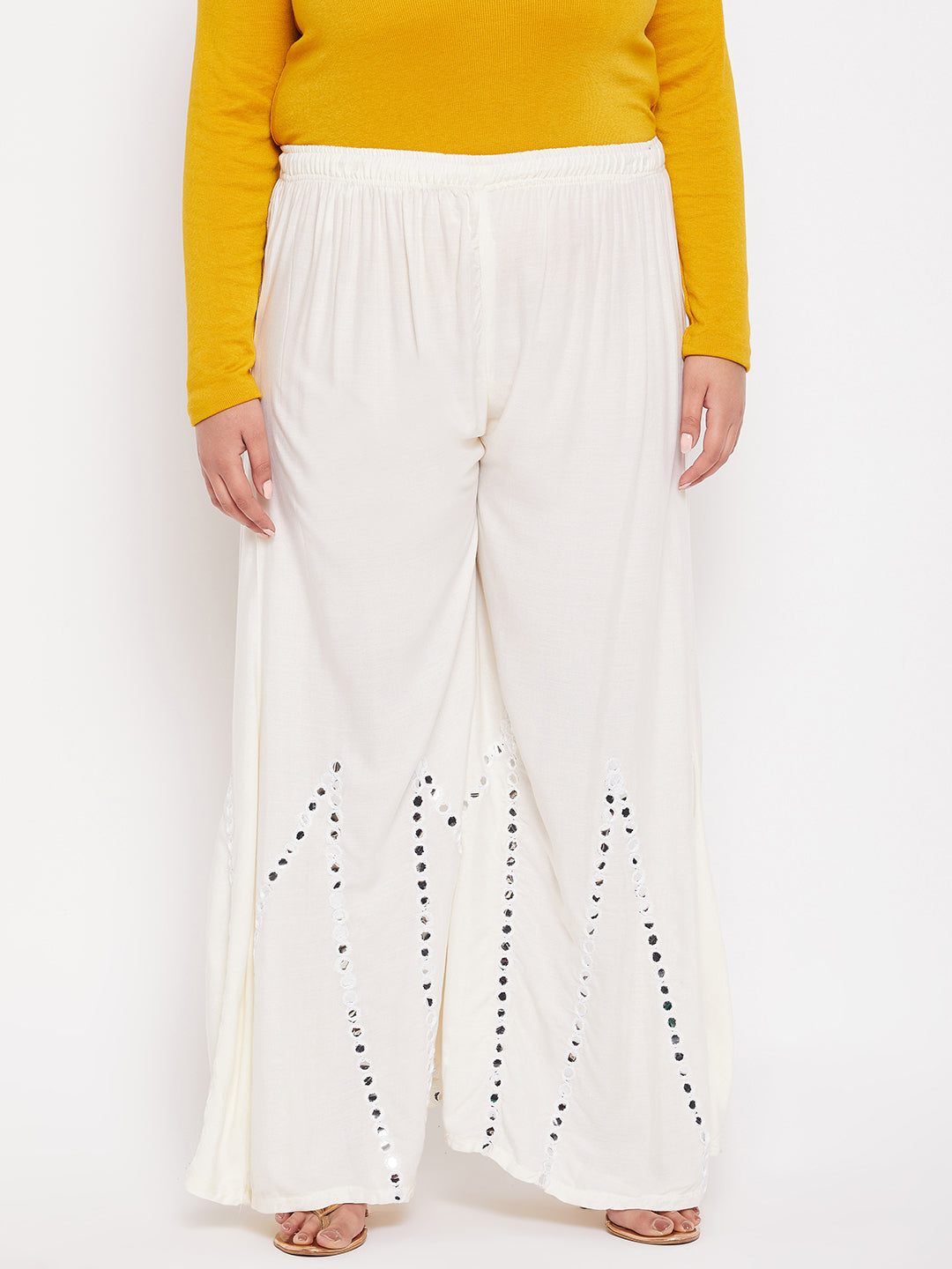 Cream Mirror Work Rayon Sharara with elasticated waistband and drawstring.