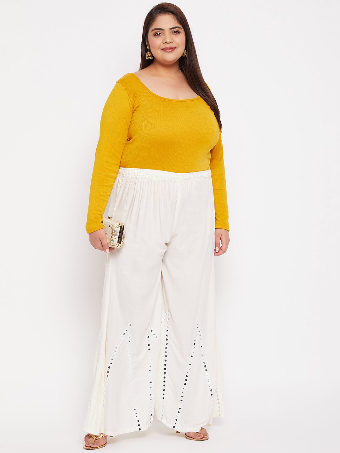 Cream Mirror Work Rayon Sharara with elastic waistband and drawstring.