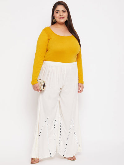 Cream Mirror Work Rayon Sharara with elastic waistband and drawstring.