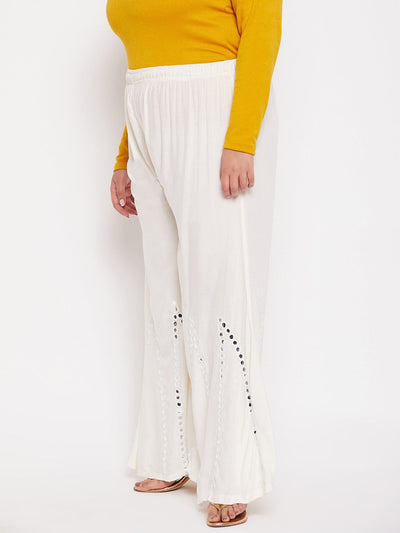 Cream Mirror Work Rayon Sharara with elastic waistband and drawstring.