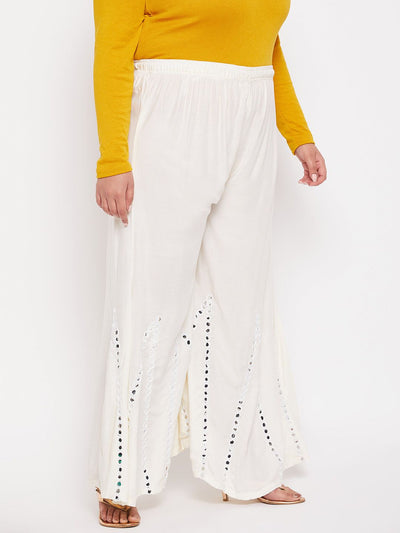 Cream Mirror Work Rayon Sharara with elastic waistband and drawstring.