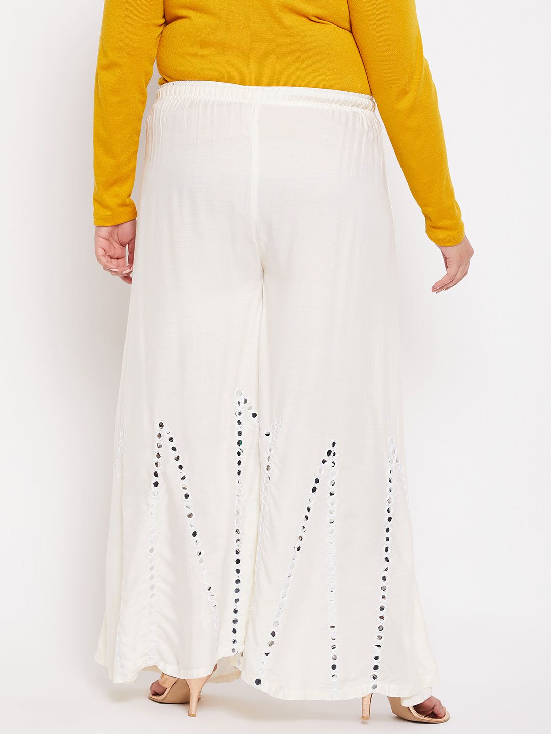 Cream Mirror Work Rayon Sharara with elasticated waistband and drawstring.