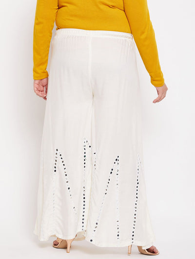 Cream Mirror Work Rayon Sharara with elasticated waistband and drawstring.