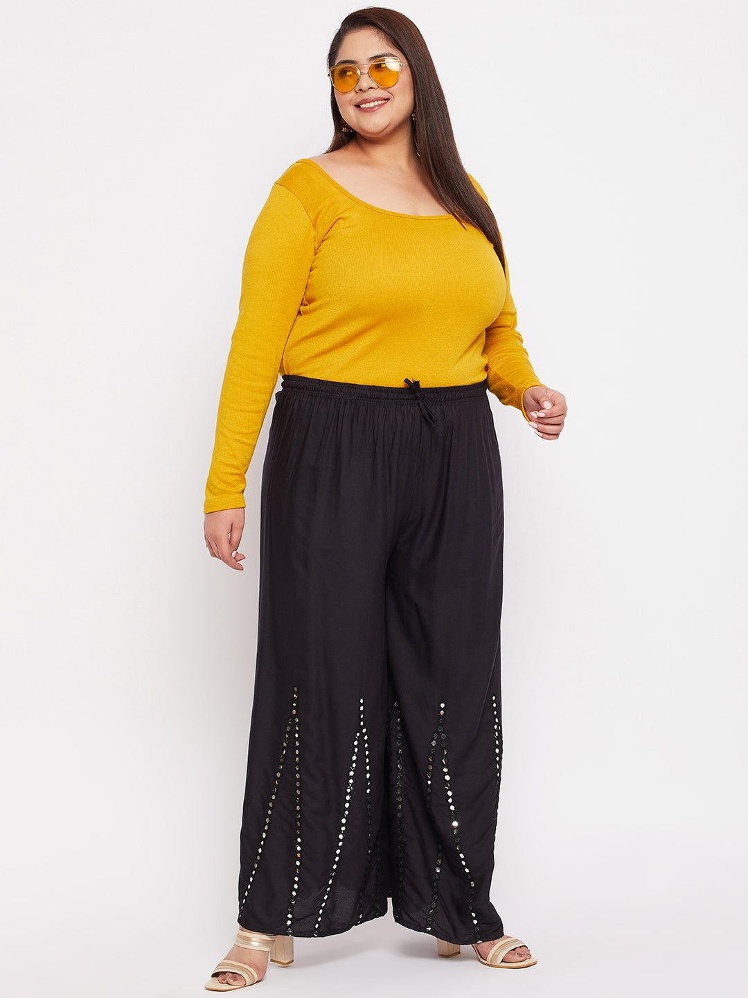 Black Mirror Work Rayon Sharara with elastic waistband and drawstring.