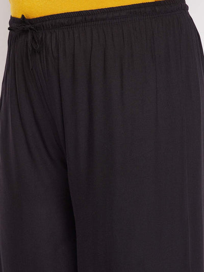 Black Mirror Work Rayon Sharara with elasticated waistband and drawstring.