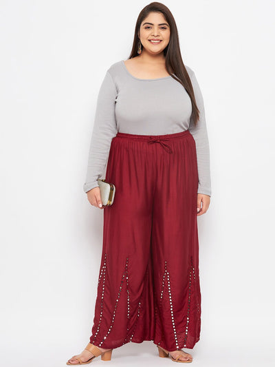 Maroon mirror work rayon sharara with elasticated waistband and drawstring.