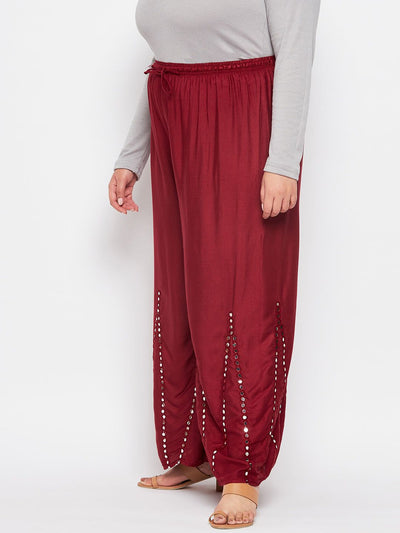 Maroon Rayon Sharara with Mirror Work and Elasticated Waistband