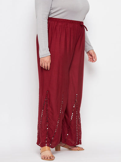 Maroon Mirror Work Rayon Sharara with elastic waistband and drawstring.