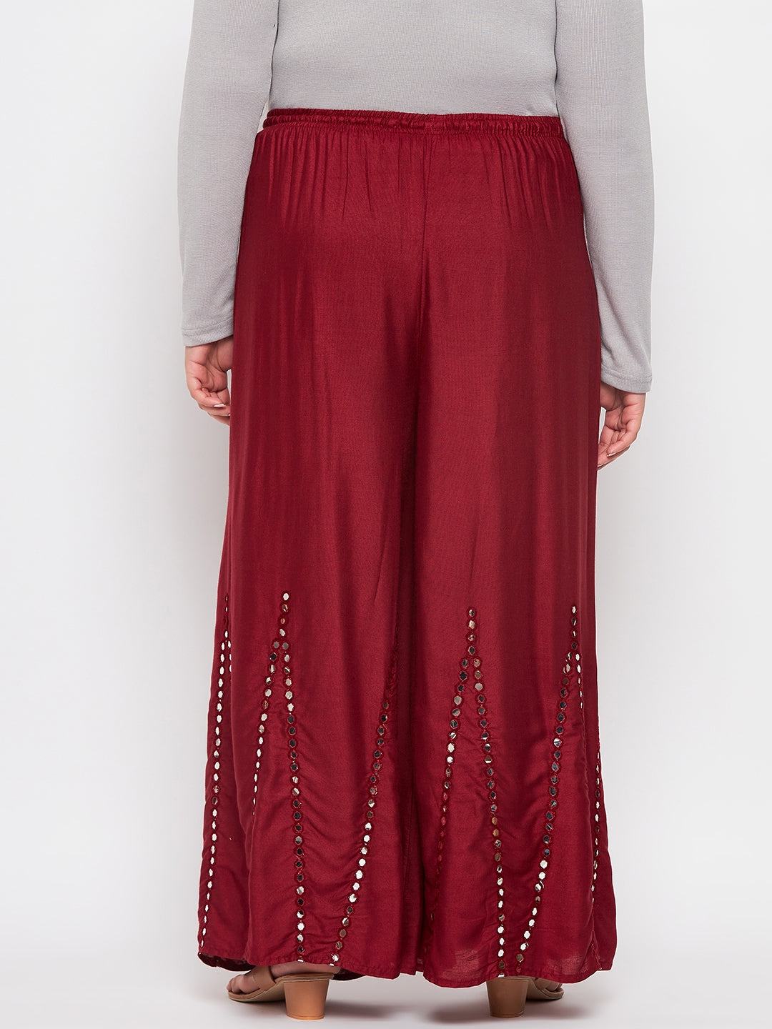 Maroon Mirror Work Rayon Sharara with elastic waistband and drawstring.