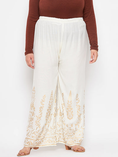 Cream Printed Rayon Straight Palazzo