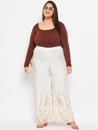Cream Printed Rayon Straight Palazzo