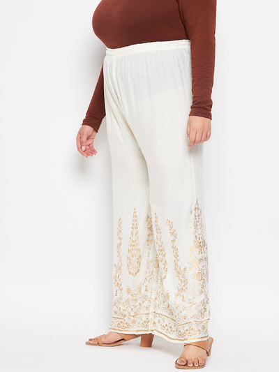 Cream Printed Rayon Straight Palazzo