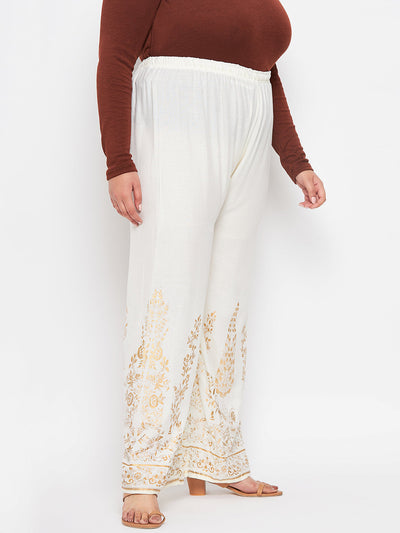 Cream Printed Rayon Straight Palazzo