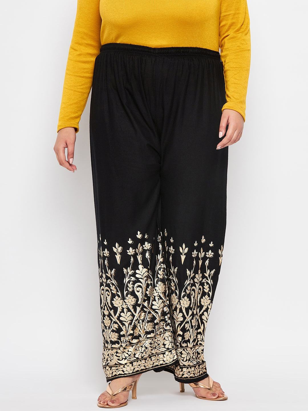 Black Floral Print Rayon Straight Palazzo