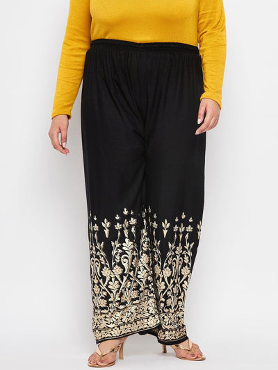 Black Floral Print Rayon Straight Palazzo