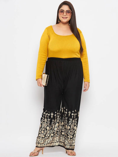 Black Floral Print Rayon Straight Palazzo