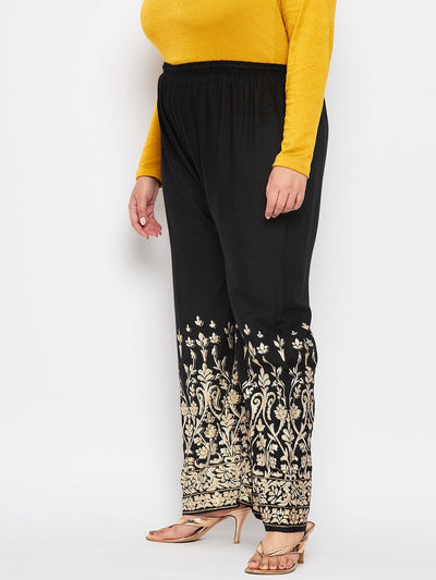 Black Floral Print Rayon Straight Palazzo