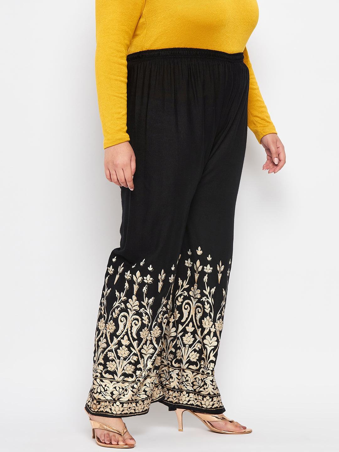 Black Floral Print Rayon Straight Palazzo