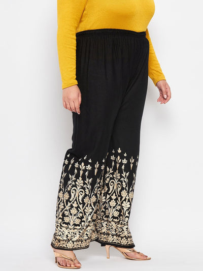 Black Floral Print Rayon Straight Palazzo