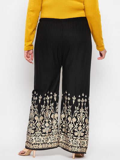 Black Floral Print Rayon Straight Palazzo