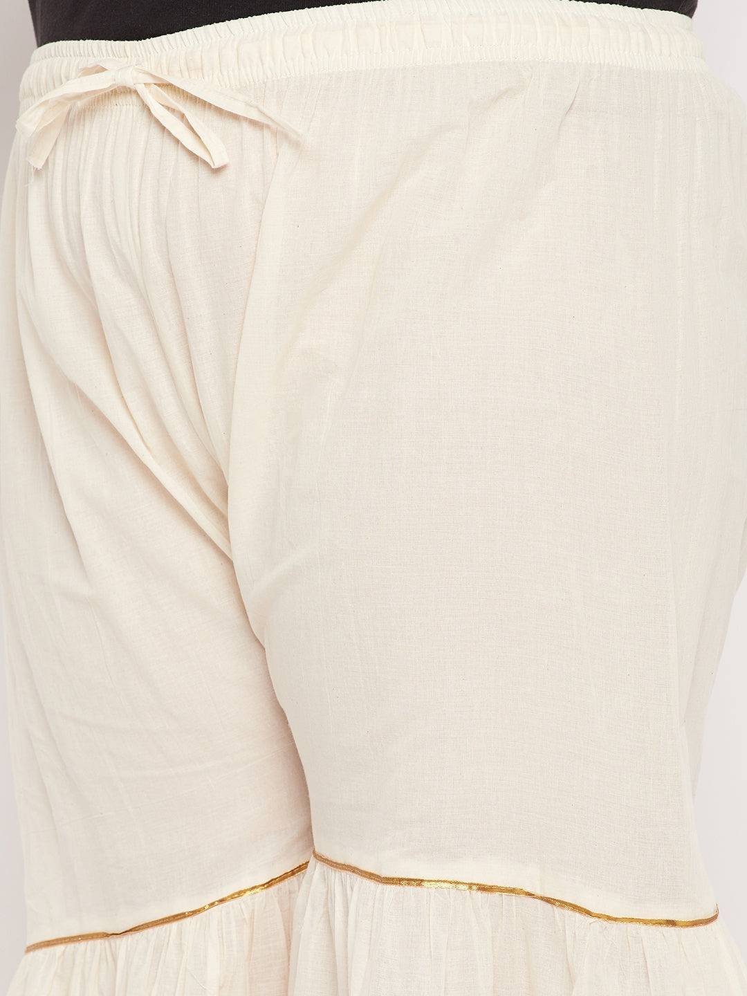 Off-white solid cotton flared gharara with gold Gotta Patti detailing and elastic waistband.