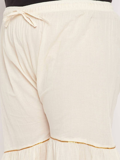 Off-white solid cotton flared gharara with gold Gotta Patti detailing and elastic waistband.