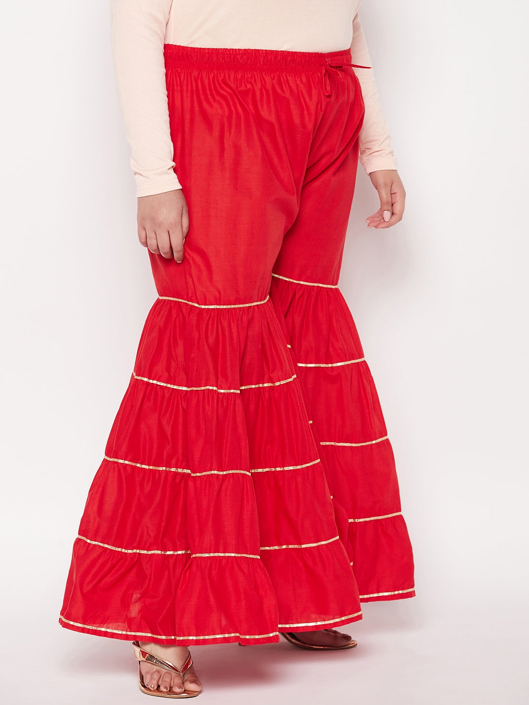 Red Solid Cotton Flared Gharara