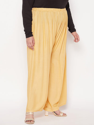 Fawn solid rayon palazzo with elasticated waistband and drawstring.