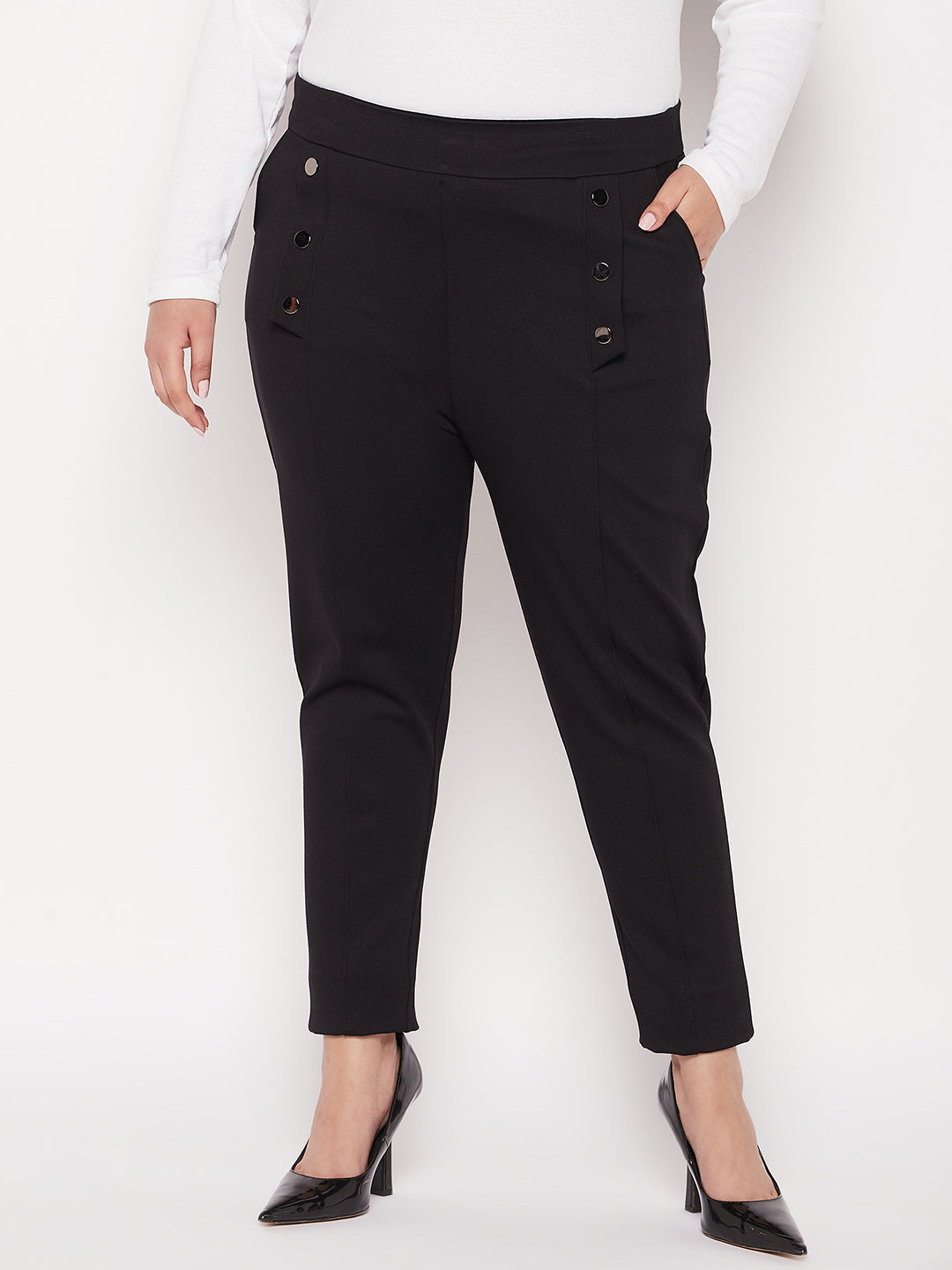 Black solid regular fit jegging from Clora, made with NR Roma fabric for ultimate comfort and style.