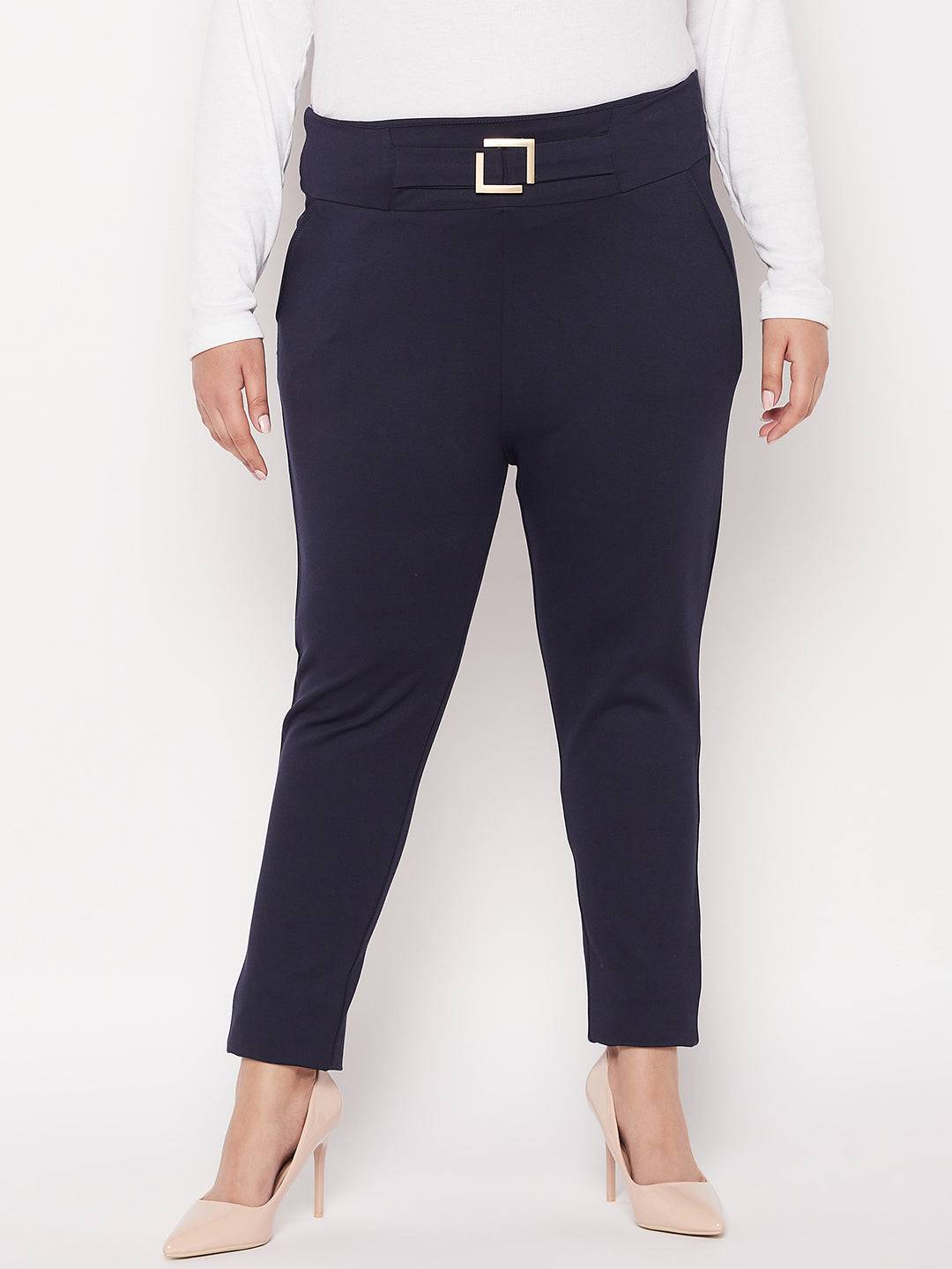 Navy blue solid regular fit jeggings for women.