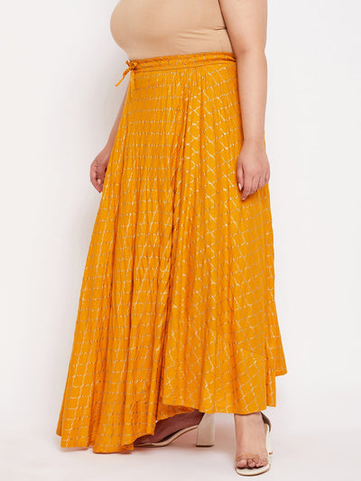 Mustard printed flared maxi skirt with drawstring waistband.