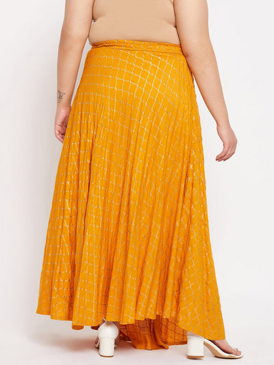 Mustard printed flared maxi skirt with drawstring waistband.