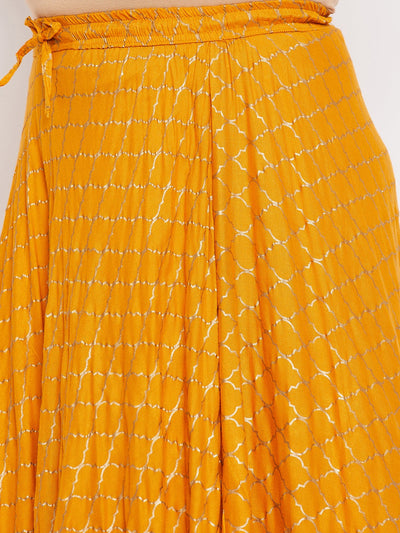 Mustard printed flared maxi skirt with drawstring waistband.