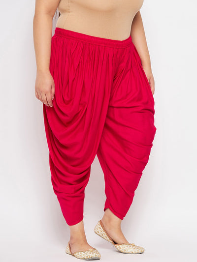 Magenta solid rayon dhoti salwar with elasticated waistband and drawstring