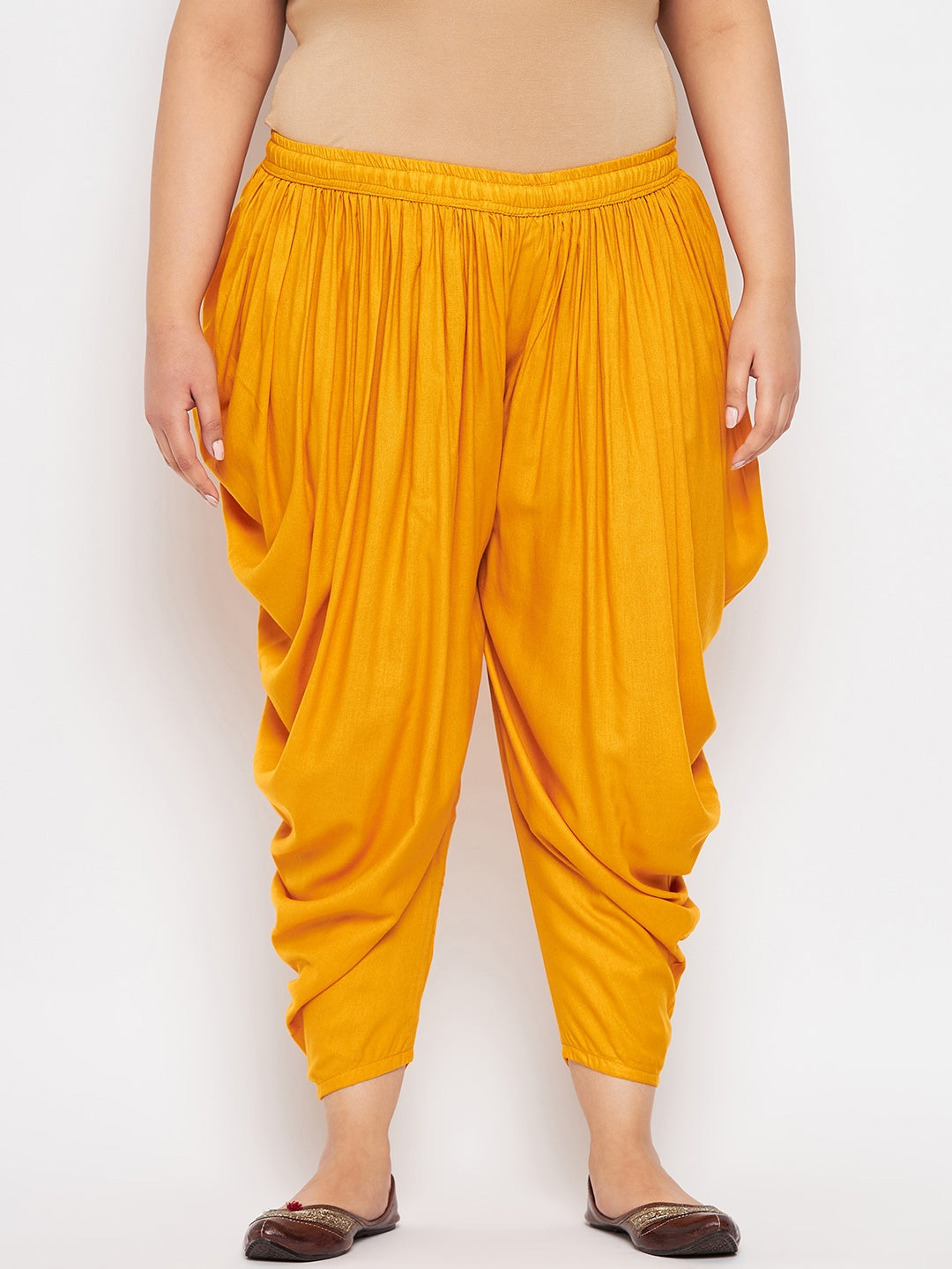 Mustard Solid Rayon Dhoti Salwar with elasticated waistband and drawstring.