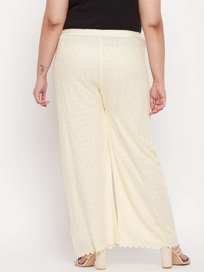 Cream embroidered chikankari rayon palazzo with elasticated waistband and drawstring.