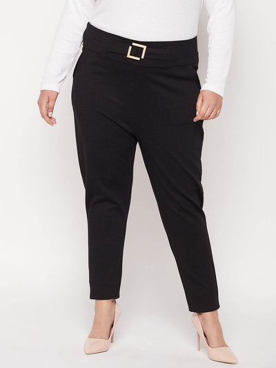 Black solid regular fit jegging made from NR Roma fabric for style and comfort.