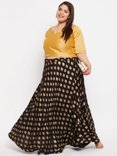 Black printed flared rayon skirt with drawstring waistband.