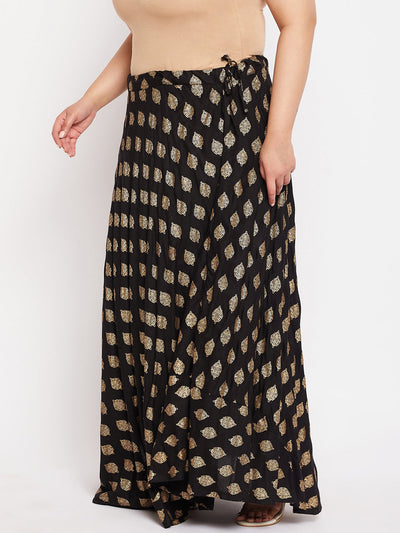 Black printed flared rayon skirt with drawstring waistband.