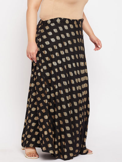 Black printed flared rayon skirt with drawstring waistband.