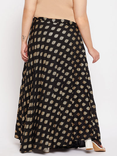 Black printed flared rayon skirt with drawstring waistband.