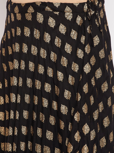 Black printed flared rayon skirt with drawstring waistband.
