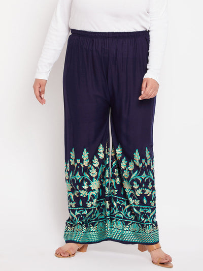 Navy blue floral printed straight palazzo with elastic waist and drawstring closure.