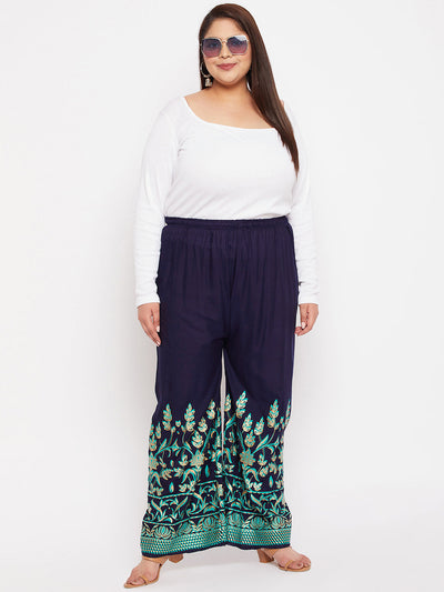 Navy Blue Floral Printed Straight Palazzo