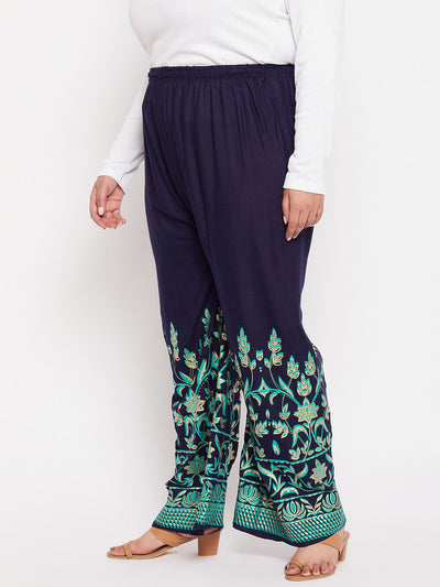 Navy Blue Floral Printed Straight Palazzo