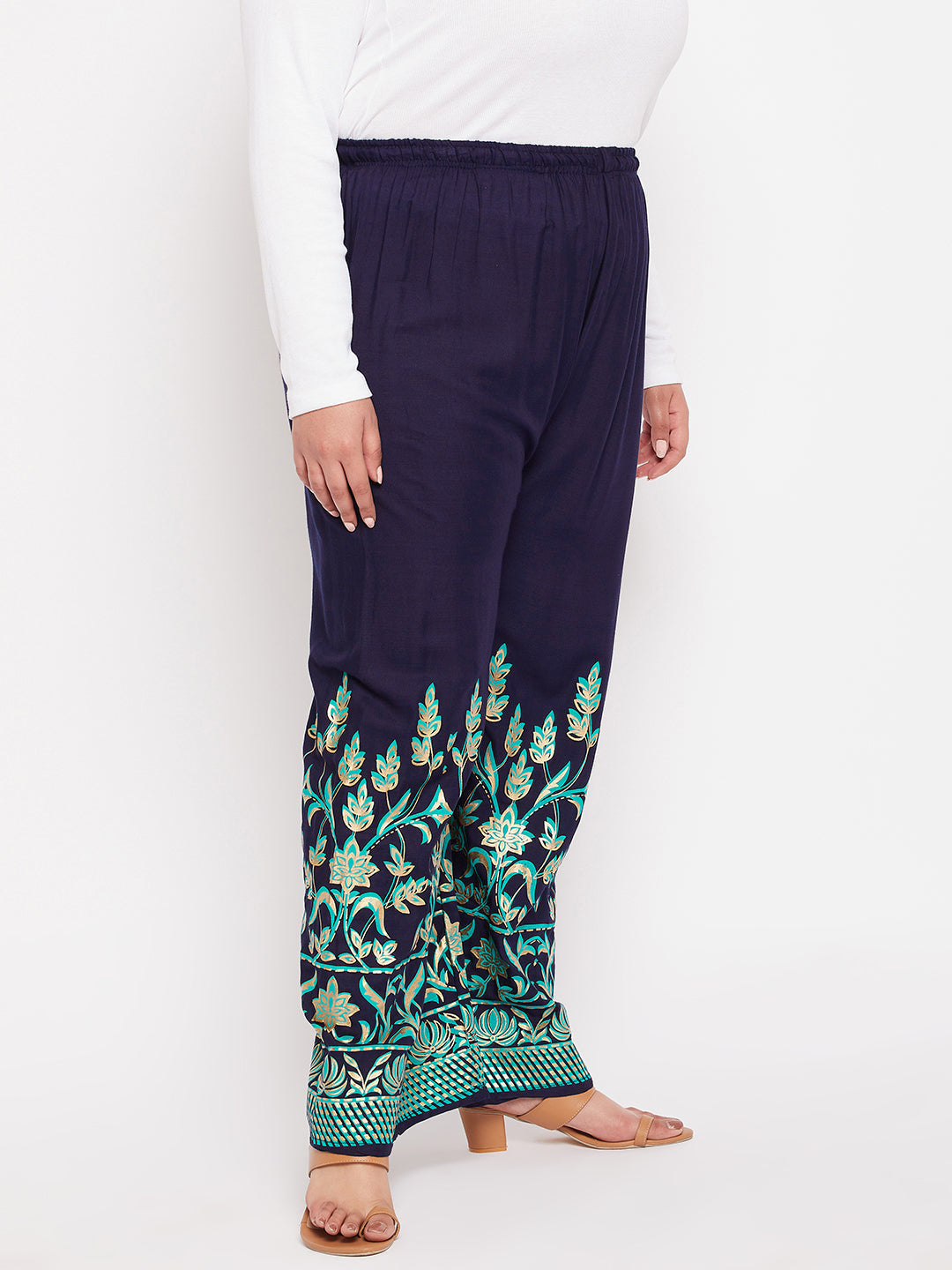 Navy Blue Floral Printed Straight Palazzo